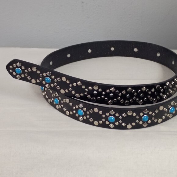 ❤️REBECCA MINKOFF Genuine Turquoise & Silver Studded Black Leather Belt Sm 31-36 main image 7